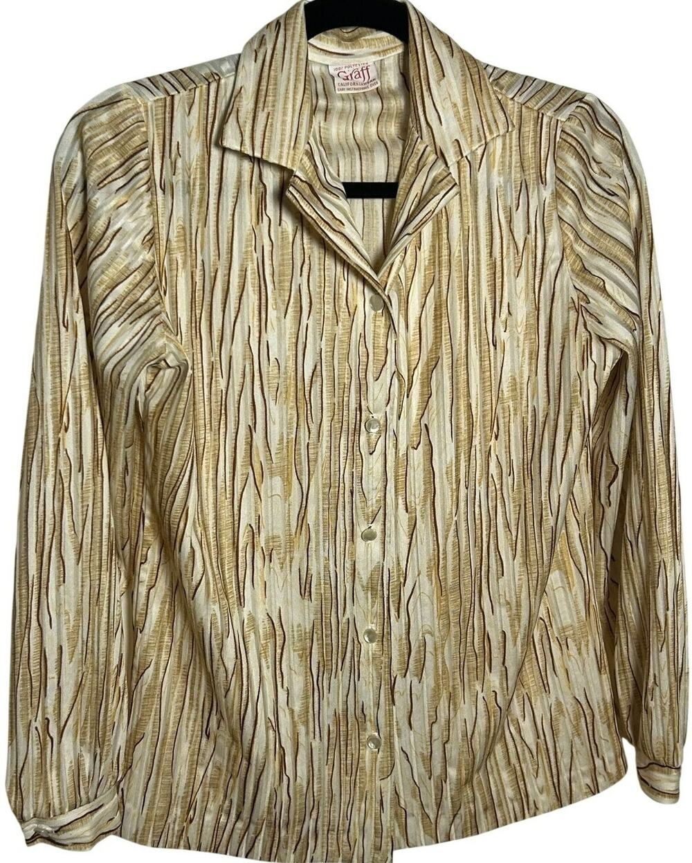 VTG 70s Graff Californiawear Faux Bois Wood Grain Blouse Dagger Collar S/M Disco